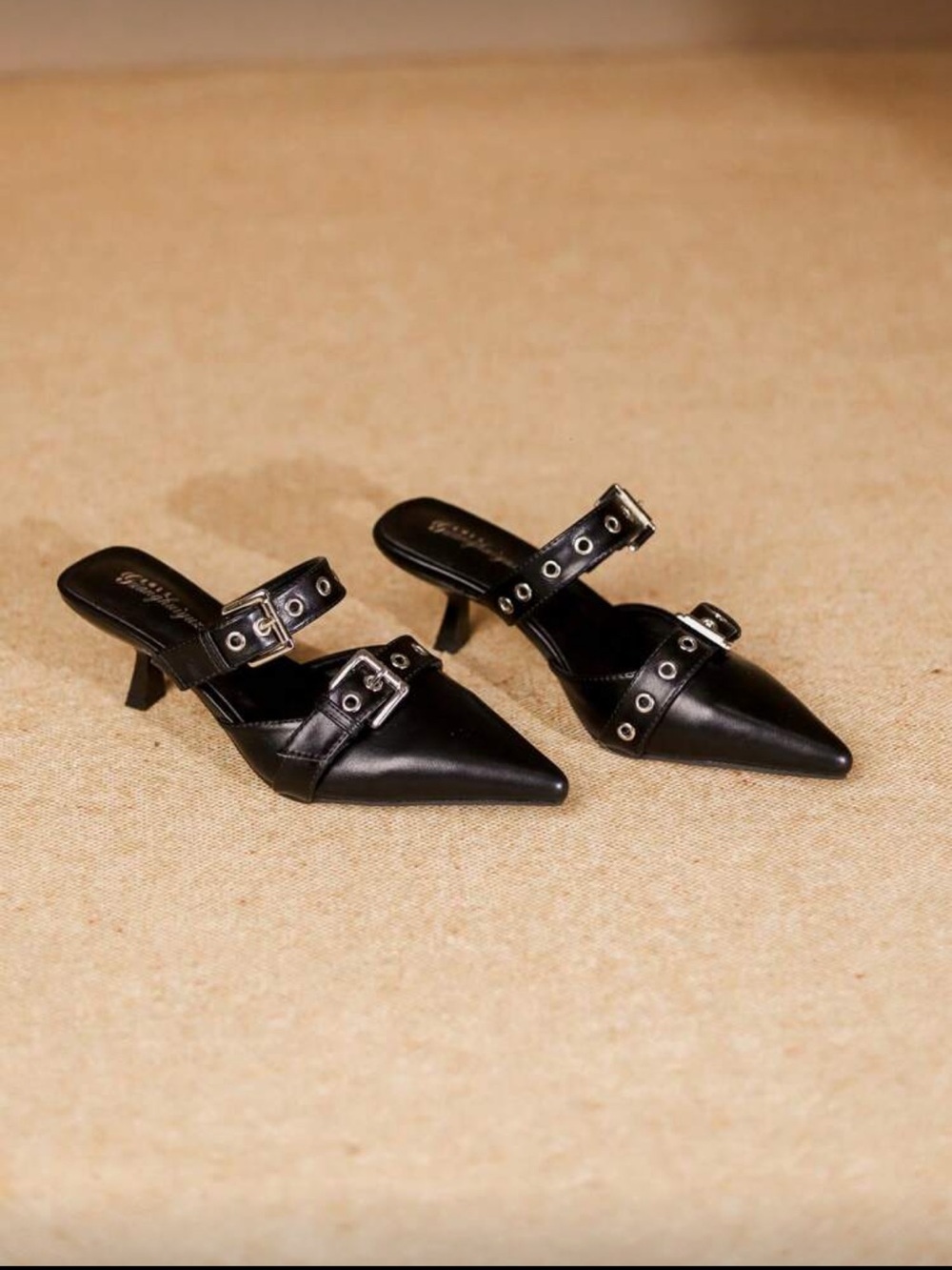 Black Pointed Toe Buckle Strap Mules